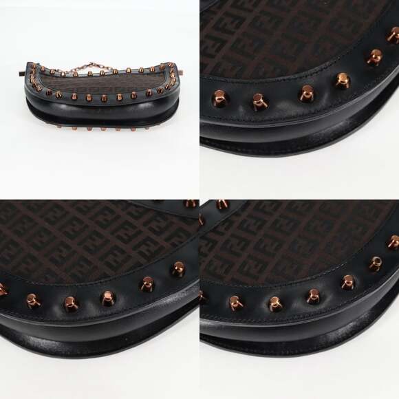 FENDI Zucchino Canvas Chain Shoulder Bag Black Brown - Picture 10 of 13